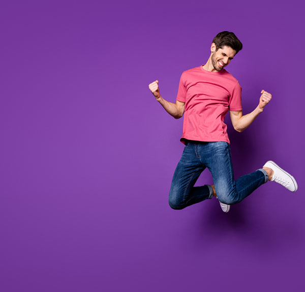 older man thinking against a purple background